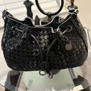 Brahmin Black Woven Leather Shoulder Bag with Silver Hardware